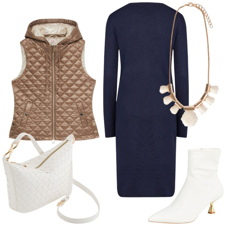 Outfit donna - Da mattina a sera. Stile Chic per Serata fuori. Abbinamento con stivaletti, vestiti midi/longuette, borse a tracolla, collane, piumini.