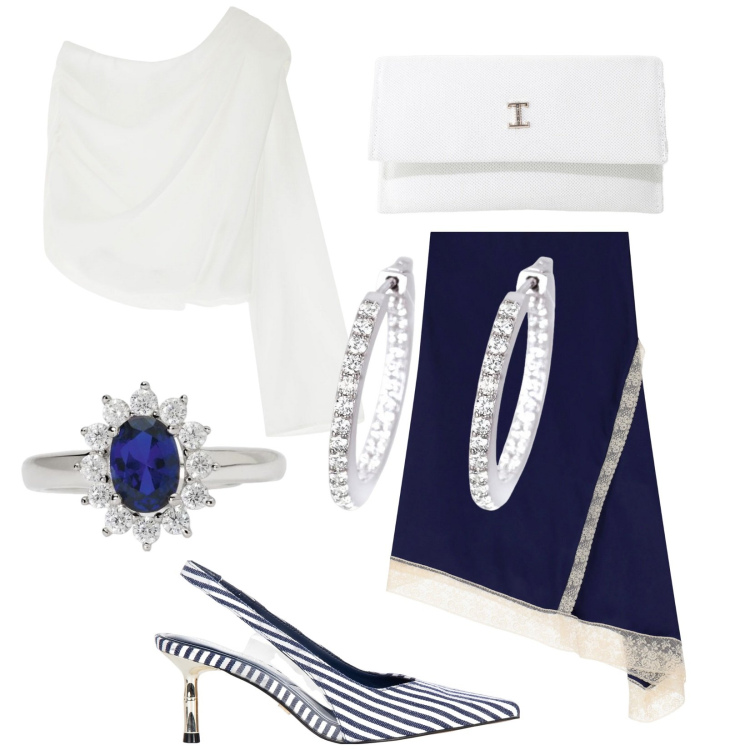 Outfit donna - Blusa monospalla. Stile Glamour per Cerimonia. Abbinamento con orecchini, anelli, décolleté, bluse, borse a tracolla, gonne longuette.