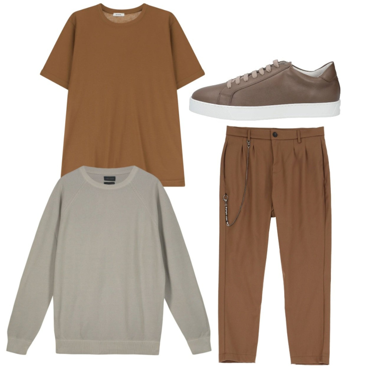 Outfit uomo - Brown. Stile Casual per Tutti i giorni. Abbinamento con sneakers, t-shirt, pantaloni, maglieria.