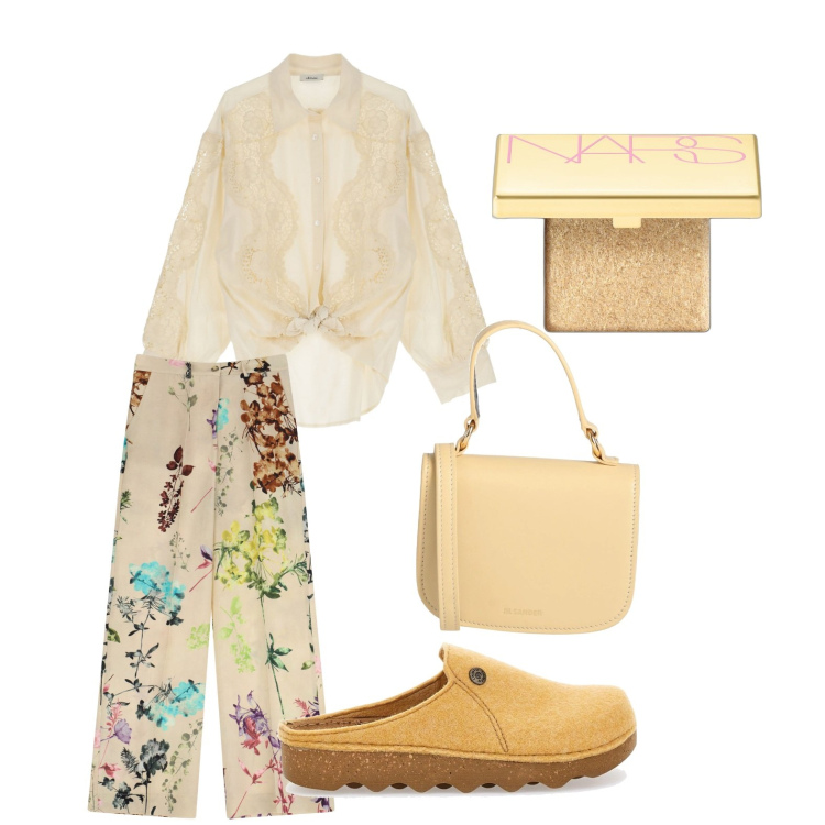 Outfit donna - Curve primaverili. Stile Casual per Tutti i giorni. Abbinamento con borse a mano, ombretti, pantaloni a palazzo, camicie, pantofole.