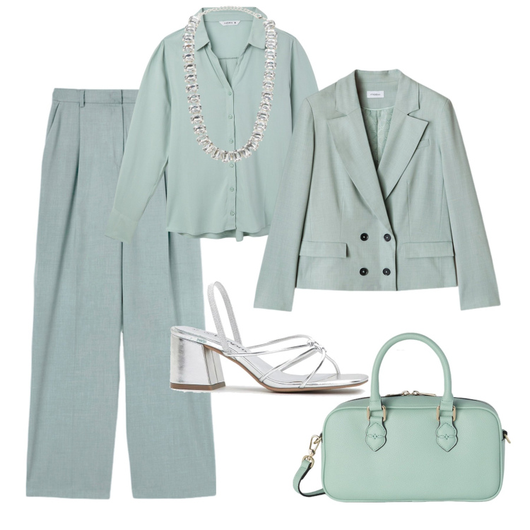 Outfit donna - Acquamarina H24. Stile Glamour per Tutti i giorni. Abbinamento con sandali col tacco, camicie, collane, pantaloni a palazzo, blazer, borse a mano.