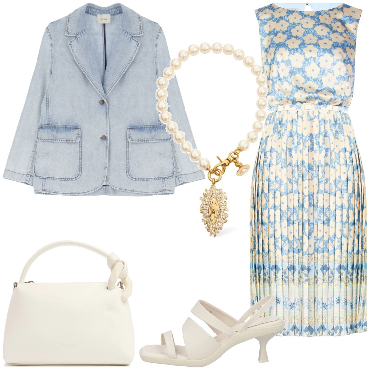 Outfit donna - Casual glam. Stile Casual chic per Tutti i giorni. Abbinamento con sandali in pelle, vestiti midi/longuette, blazer, borse a spalla, collane.