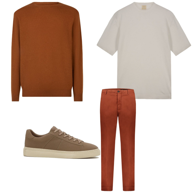 Outfit uomo - Arancio. Stile Casual per Tutti i giorni. Abbinamento con sneakers, pantaloni, maglieria, t-shirt.