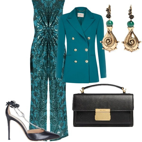 Outfit donna - Cerimonia tra intimi. Stile Glamour per Serata fuori. Abbinamento con décolleté, vestiti lunghi, blazer, borse a mano, orecchini.