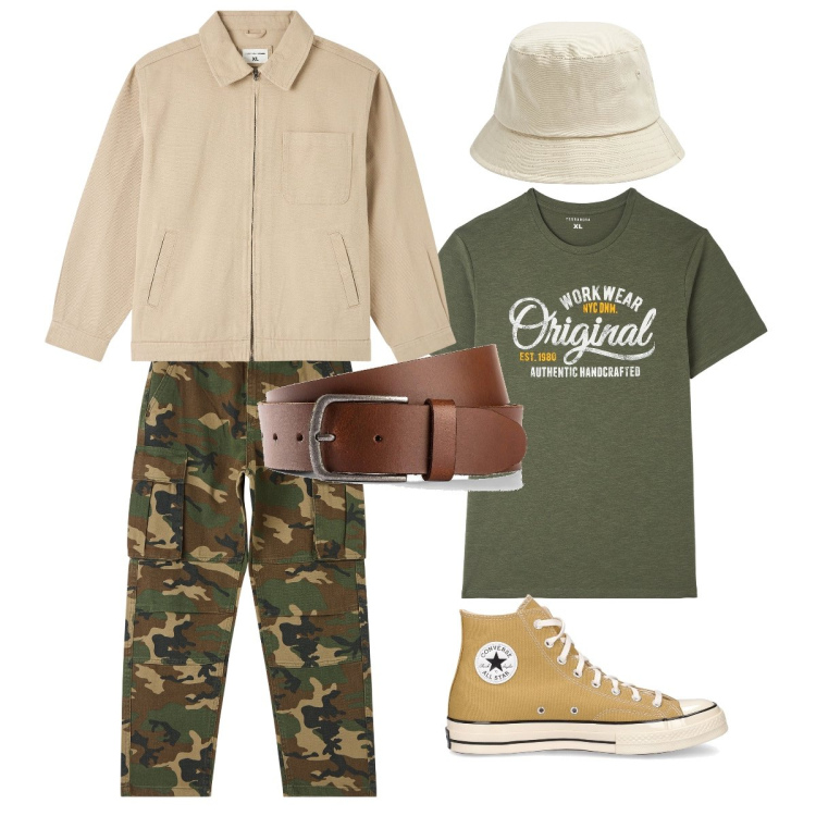 Outfit uomo - Camouflage e Bomber. Stile Casual per Tutti i giorni. Abbinamento con cinture, t-shirt, giacche, cappelli, pantaloni cargo, sneakers.
