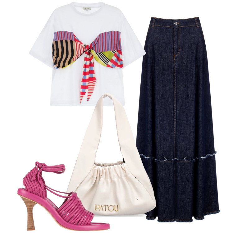 Outfit donna - Il fiocco sulla t-shirt. Stile Glamour per Tutti i giorni. Abbinamento con sandali in pelle, t-shirt, gonne, borse a spalla.