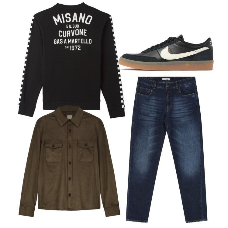 Outfit uomo - Total look. Stile Casual per Tutti i giorni. Abbinamento con felpe, jeans dritti, giacche, sneakers.