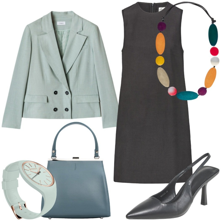 Outfit donna - Chic in ufficio. Stile Casual chic per Ufficio. Abbinamento con décolleté, orologi, collane, clutch, vestiti a tubino, blazer.