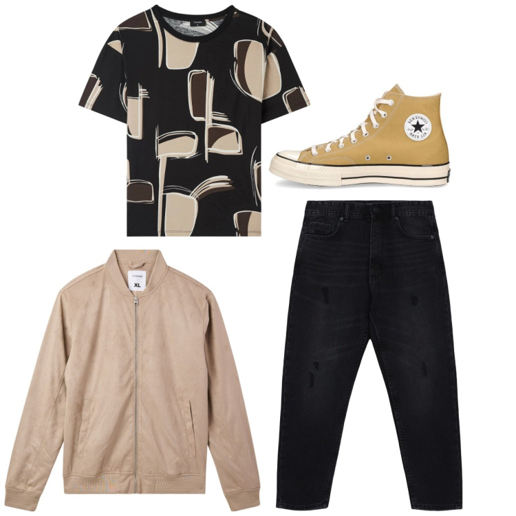 Outfit uomo - Serata casual. Stile Urban per Serata speciale. Abbinamento con bomber, t-shirt, jeans strappati, sneakers.
