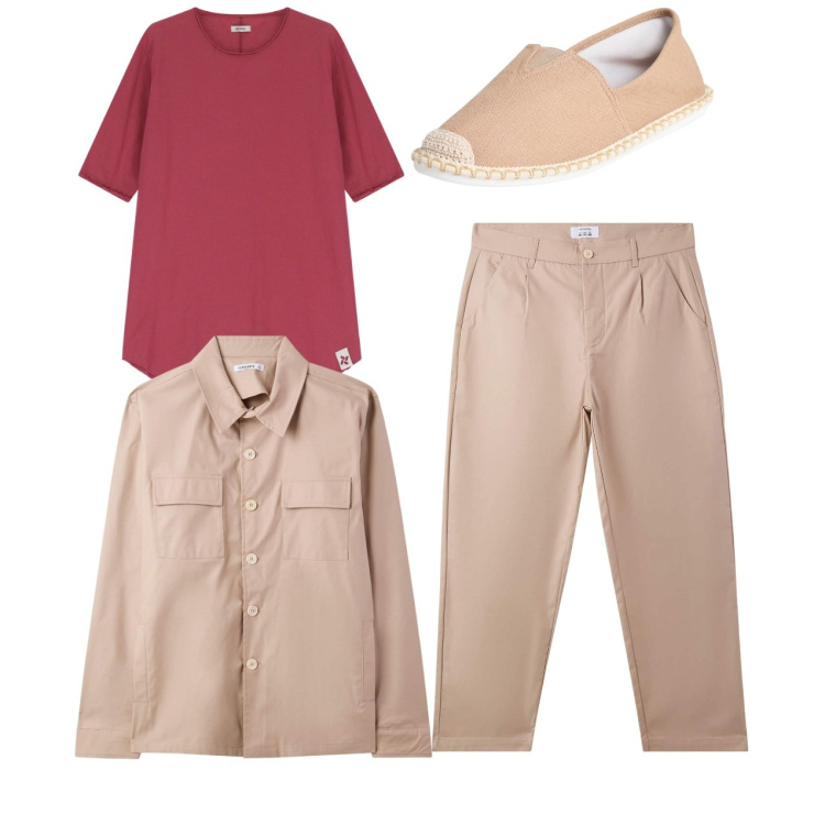 Outfit uomo - Con il caldo. Stile Casual per Tutti i giorni. Abbinamento con espadrillas, pantaloni chino, cappotti, t-shirt.
