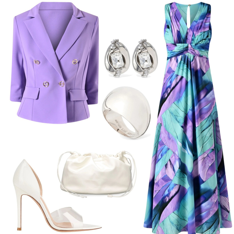 Outfit donna - L\' amica della sposa. Stile Glamour per Cerimonia. Abbinamento con décolleté, vestiti lunghi, blazer, anelli, orecchini, pochette.