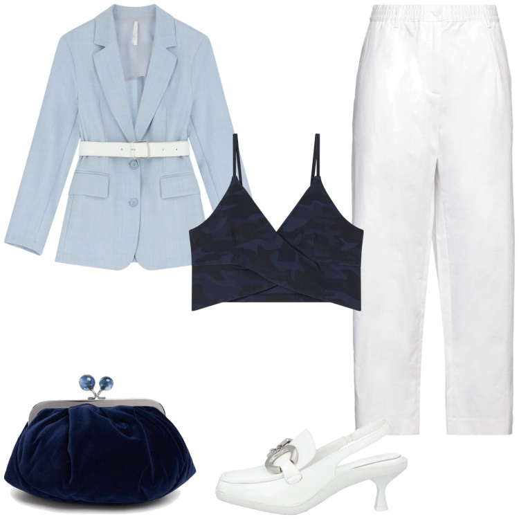 Outfit donna - Total look #2102106. Stile Casual chic per Cerimonia. Abbinamento con décolleté, pantaloni, blazer, top, pochette.