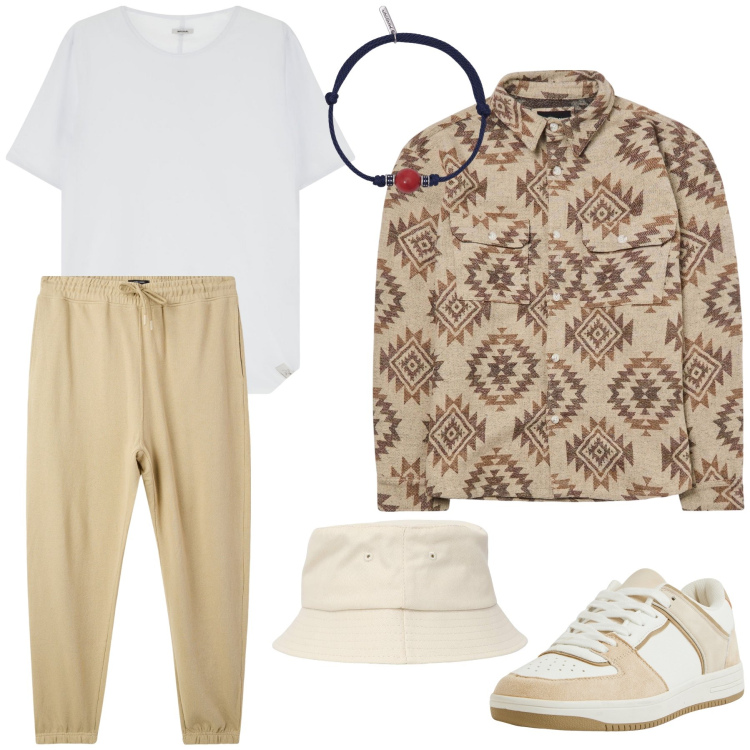 Outfit uomo - Passeggiata in spiaggia. Stile Casual per Mare. Abbinamento con cappelli, cappotti, sneakers, pantaloni, braccialetti, t-shirt.
