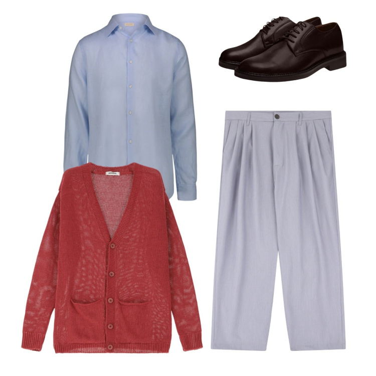 Outfit uomo - Over polvere. Stile Trendy per Tutti i giorni. Abbinamento con pantaloni, cardigans, scarpe stringate, camicie.