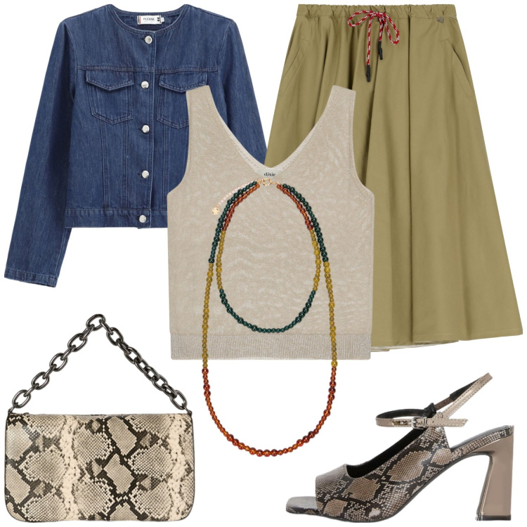 Outfit donna - Eccentrica. Stile Trendy per Tutti i giorni. Abbinamento con blazer, gonne longuette, canottiere, sandali col tacco, borse a tracolla, ciondoli.