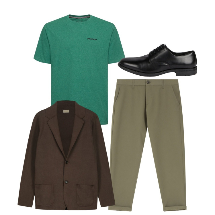 Outfit uomo - Pomeriggio libero. Stile Casual per Tutti i giorni. Abbinamento con pantaloni chino, scarpe stringate, t-shirt, cardigans.