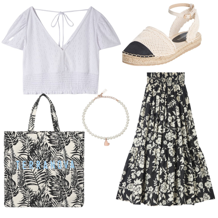 Outfit donna - Femminilità e Funzionalità. Stile Basic per Tutti i giorni. Abbinamento con gonne lunghe, borse tote, bluse, espadrillas, braccialetti.