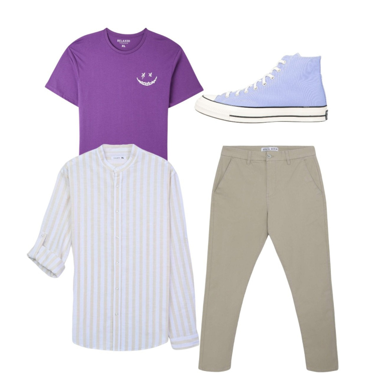 Outfit uomo - Viola. Stile Casual per Tutti i giorni. Abbinamento con sneakers alte, pantaloni chino, t-shirt, camicie.