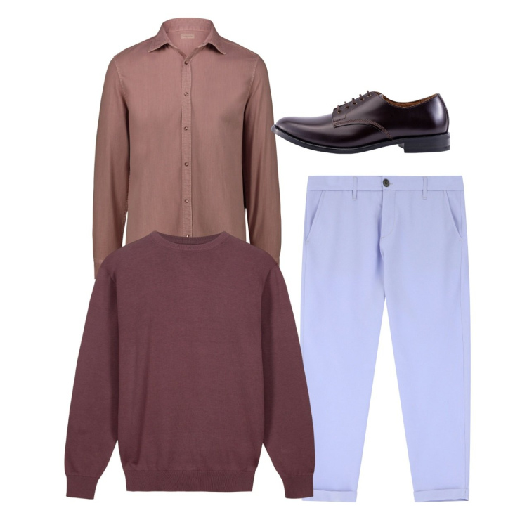 Outfit uomo - Caramella. Stile Casual per Tutti i giorni. Abbinamento con pantaloni chino, maglieria, scarpe stringate, camicie.