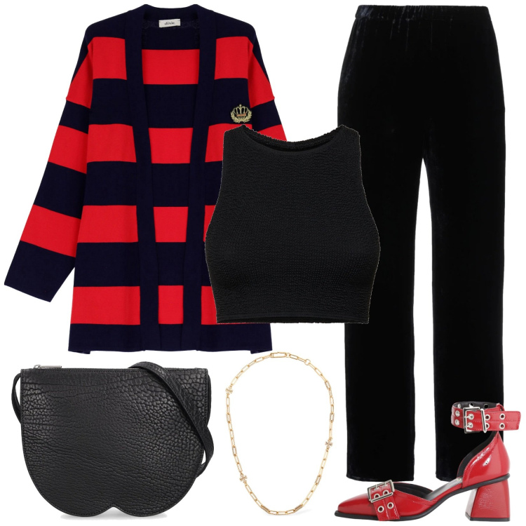 Outfit donna - Maxi cardigan e maxi righe. Stile Casual per Tutti i giorni. Abbinamento con pantaloni, cardigans, décolleté, borse a spalla, top, collane.