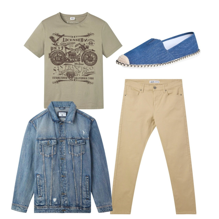 Outfit uomo - Casual denim. Stile Casual per Tutti i giorni. Abbinamento con t-shirt, espadrillas, pantaloni skinny, giacche.