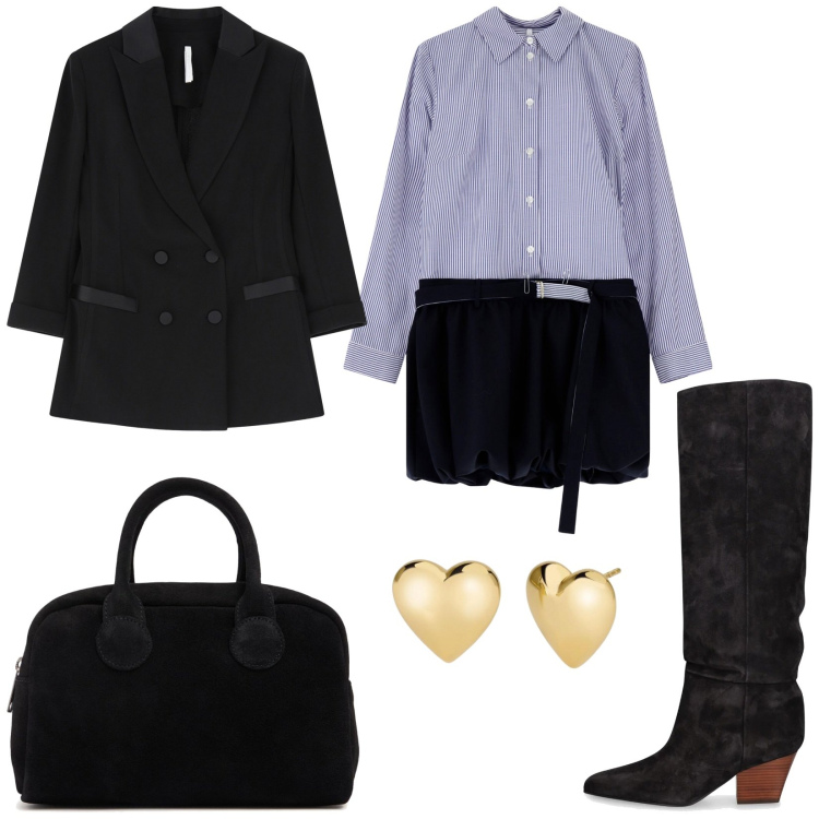 Outfit donna - In ufficio. Stile Casual chic per Ufficio. Abbinamento con orecchini, vestiti corti, blazer, stivali, borse a mano.