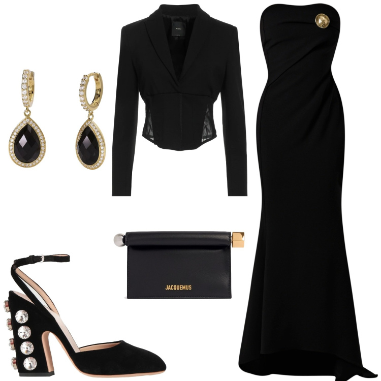 Outfit donna - Gran Gala. Stile Glamour per Serata fuori. Abbinamento con décolleté, blazer, vestiti lunghi, orecchini, pochette.