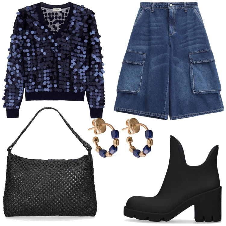 Outfit donna - Bermuda di jeans. Stile Glamour per Tutti i giorni. Abbinamento con shorts, maglieria, stivaletti, orecchini, borse a spalla.