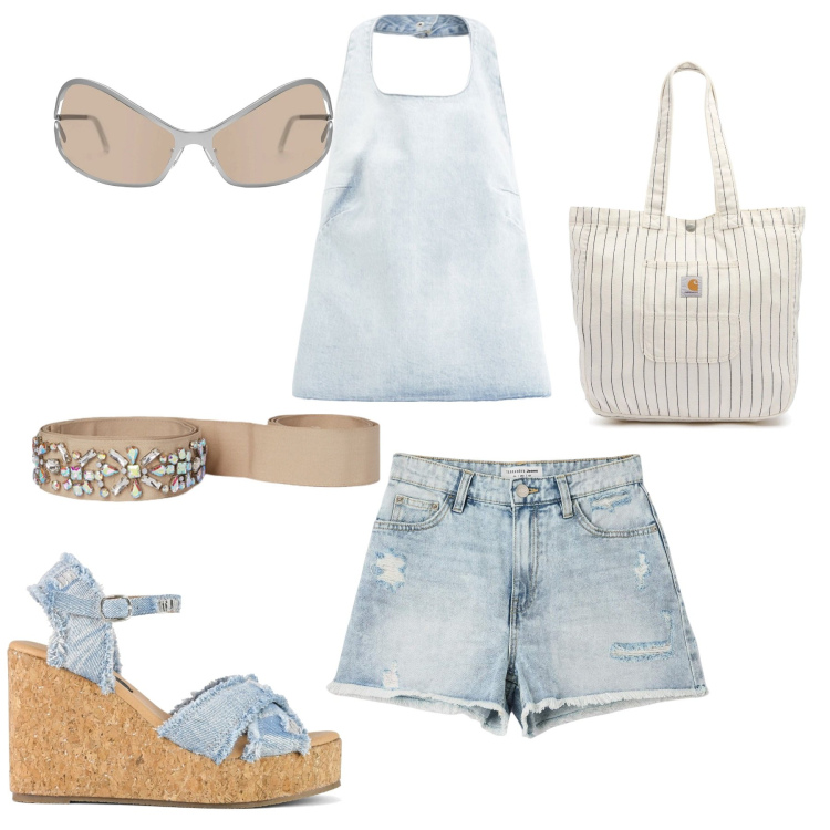 Outfit donna - Pronta per il mare. Stile Casual per Mare. Abbinamento con shorts, canottiere, cinture, zeppe, borse tote, occhiali da sole.