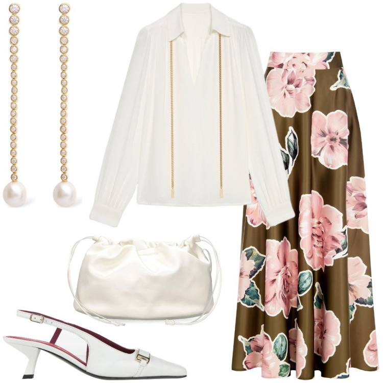 Outfit donna - Cena romantica. Stile Romantica per Serata fuori. Abbinamento con décolleté, gonne, pochette, orecchini, bluse.