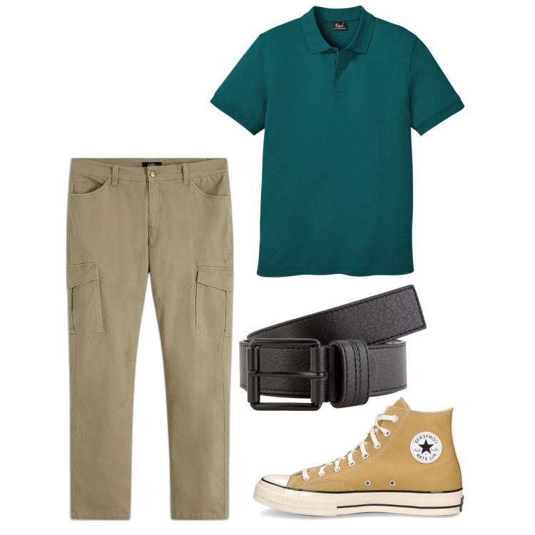 Outfit uomo - La prima polo. Stile Casual per Tutti i giorni. Abbinamento con pantaloni cargo, polo, sneakers, cinture.
