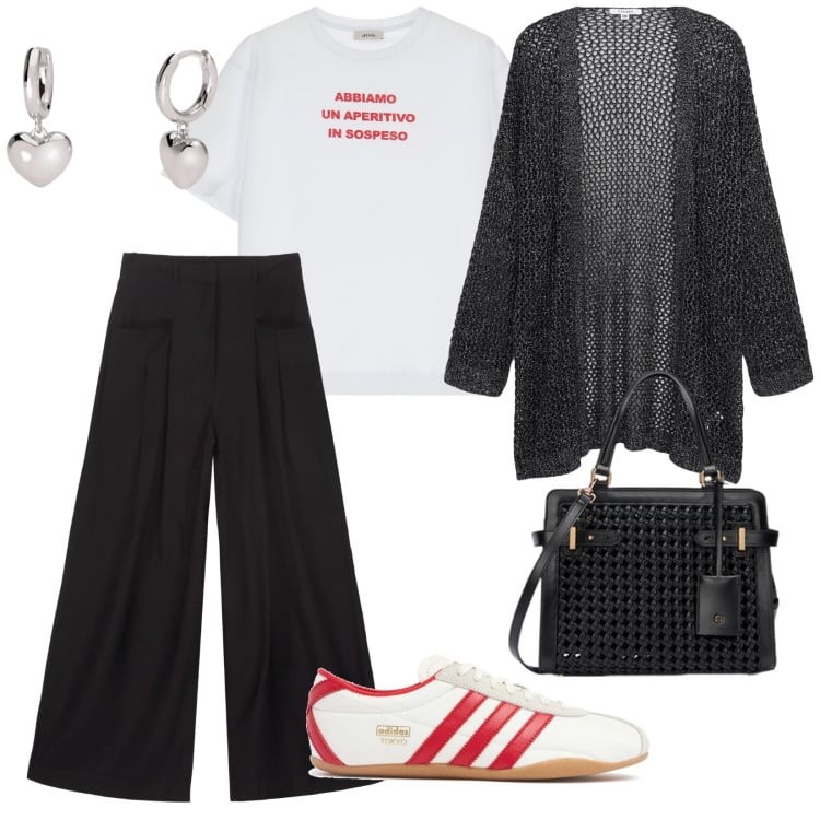 Outfit donna - È facciamo questo aperitivo. per Tutti i giorni. Abbinamento con orecchini, kimono, t-shirt, sneakers, pantaloni, borse a mano.