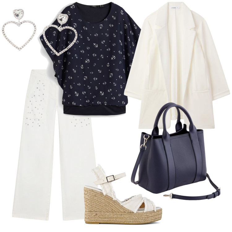 Outfit donna - Tutti i giorni. per Tutti i giorni. Abbinamento con bluse, blazer, orecchini, borse a mano, sandali col tacco, pantaloni a palazzo.