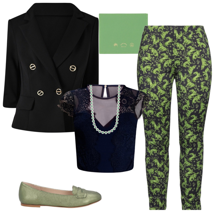 Outfit donna - Nuovi germogli. Stile Casual chic per Tutti i giorni. Abbinamento con mocassini, portafogli, leggings, collane, body, blazer.