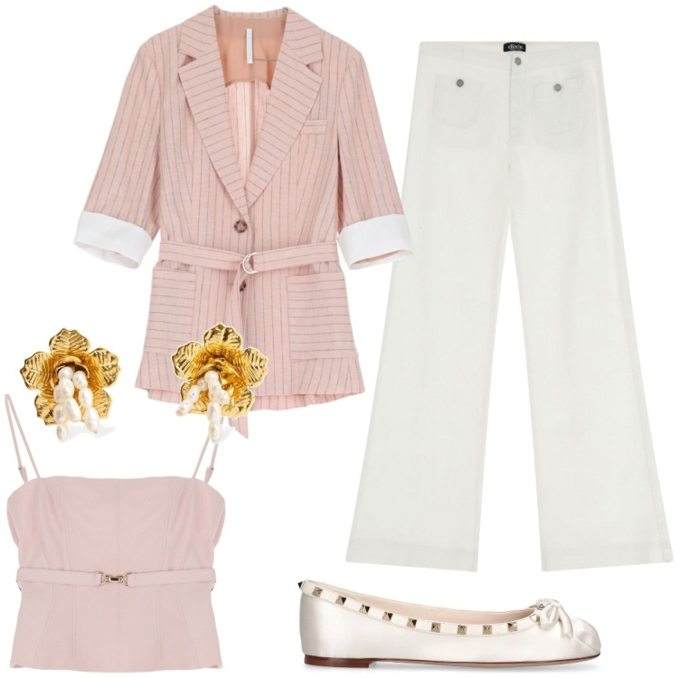 Outfit donna - La vie en rose. Stile Bon Ton per Serata fuori. Abbinamento con top, blazer, pantaloni a palazzo, orecchini, ballerine.