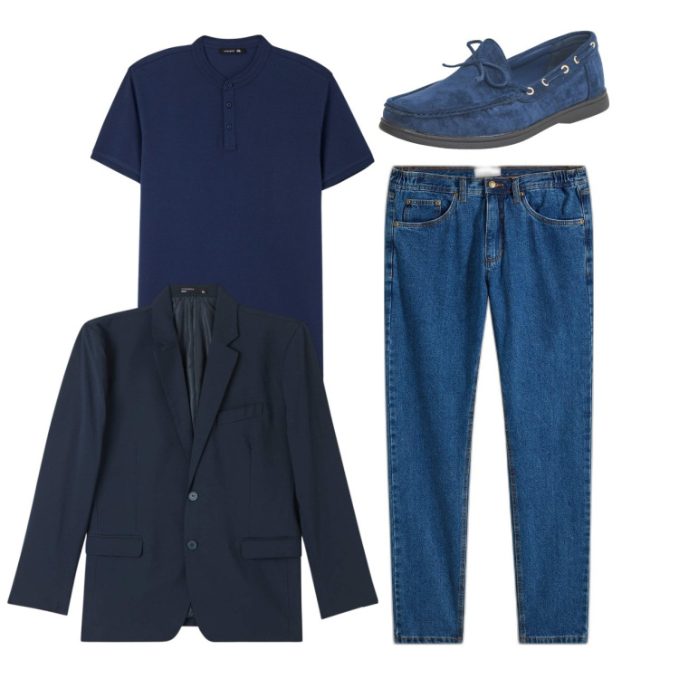 Outfit uomo - Tutto blu. Stile Casual per Tutti i giorni. Abbinamento con jeans dritti, t-shirt, scarpe stringate, giacche.