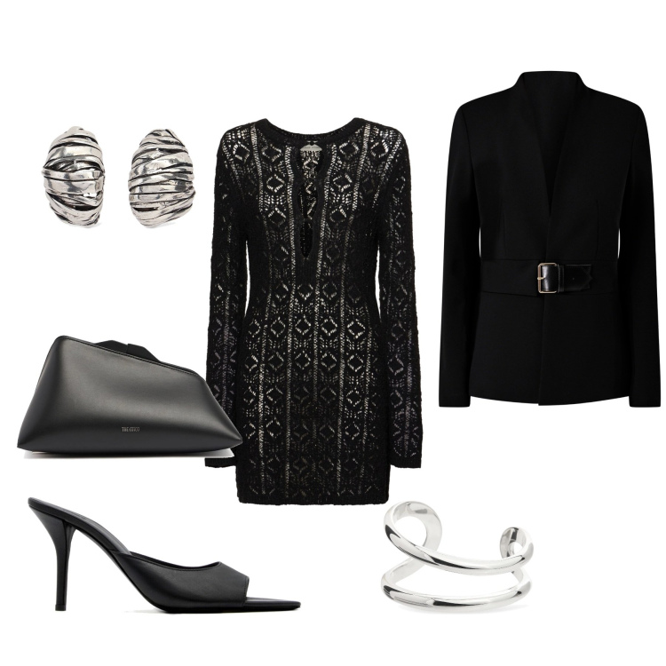 Outfit donna - Una cena romantica. Stile Chic per Serata fuori. Abbinamento con blazer, pochette, orecchini, pantofole, vestiti, braccialetti.