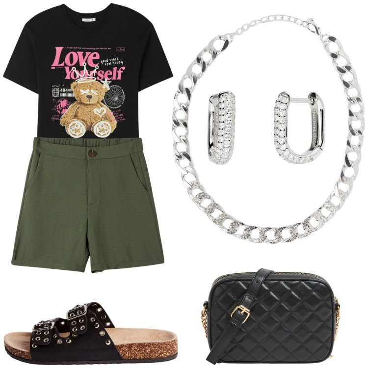 Outfit donna - Total look #2102215. Stile Casual chic per Tutti i giorni. Abbinamento con collane, t-shirt, bermuda, borse a tracolla, ciabatte, orecchini.