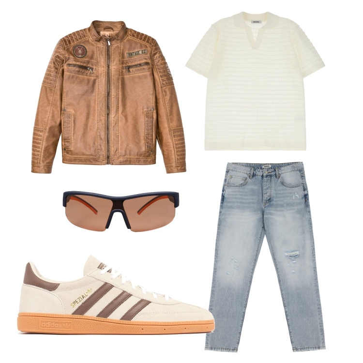 Outfit uomo - Tempo libero. Stile Casual per Tutti i giorni. Abbinamento con giacche, occhiali da sole, jeans strappati, polo, sneakers.