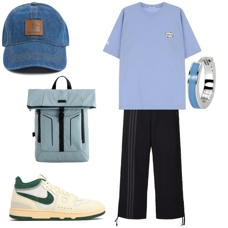 Outfit uomo - Blu. Stile Urban per Tutti i giorni. Abbinamento con orecchini, t-shirt, pantaloni, sneakers, cappelli, borse sportive.