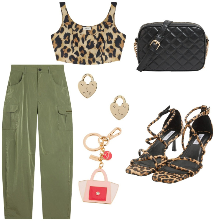 Outfit donna - Animalier. Stile Casual chic per Tutti i giorni. Abbinamento con sandali col tacco, borse a tracolla, top, pantaloni cargo, orecchini, portachiavi.