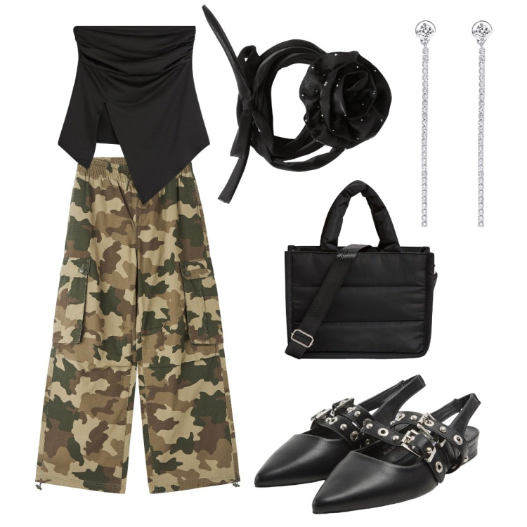 Outfit donna - Come stai. Stile Casual chic per Serata fuori. Abbinamento con top, collane, pantaloni cargo, sabot, shopping bag, orecchini.