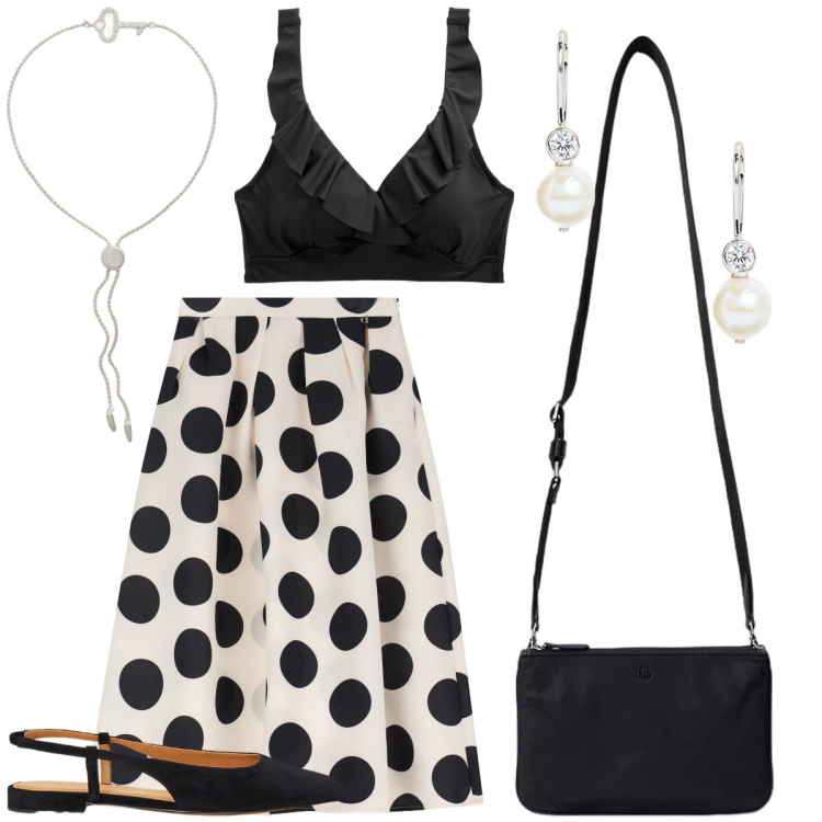 Outfit donna - Bianco e nero. Stile Preppy per Serata fuori. Abbinamento con braccialetti, borse a tracolla, ballerine, top, orecchini, gonne longuette.