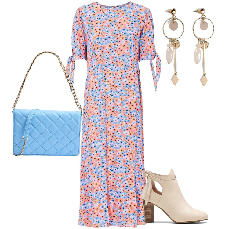 Outfit donna - Pranzo di Pasqua per le amiche spring. Stile Casual chic per Tutti i giorni. Abbinamento con stivaletti, orecchini, vestiti midi/longuette, borse a tracolla.
