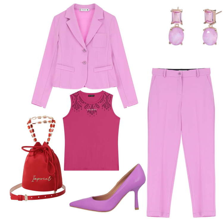 Outfit donna - primavera. Stile Casual chic per Serata fuori. look ideale per Tall. Abbinamento con décolleté, orecchini, pantaloni, blazer, borse a secchiello, top sportivi.