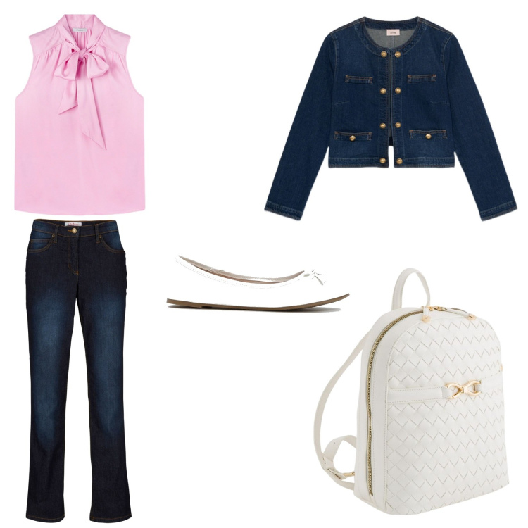 Outfit donna - Total look #2102231. Stile Urban per Tutti i giorni. Abbinamento con ballerine, jeans dritti, zaini, blazer, top.