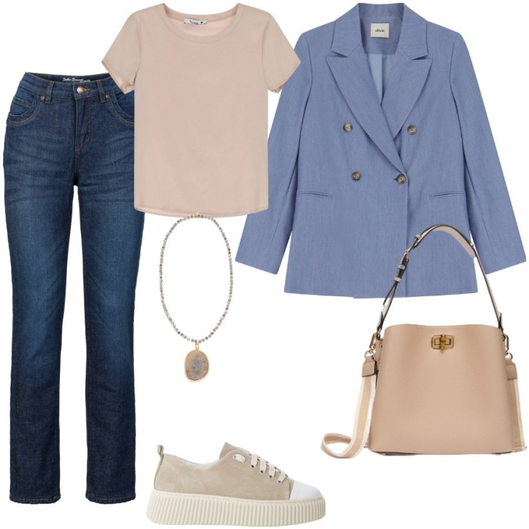 Outfit donna - Si va a lavoro. Stile Casual chic per Ufficio. Abbinamento con jeans dritti, t-shirt, sneakers, blazer, borse a secchiello, ciondoli.