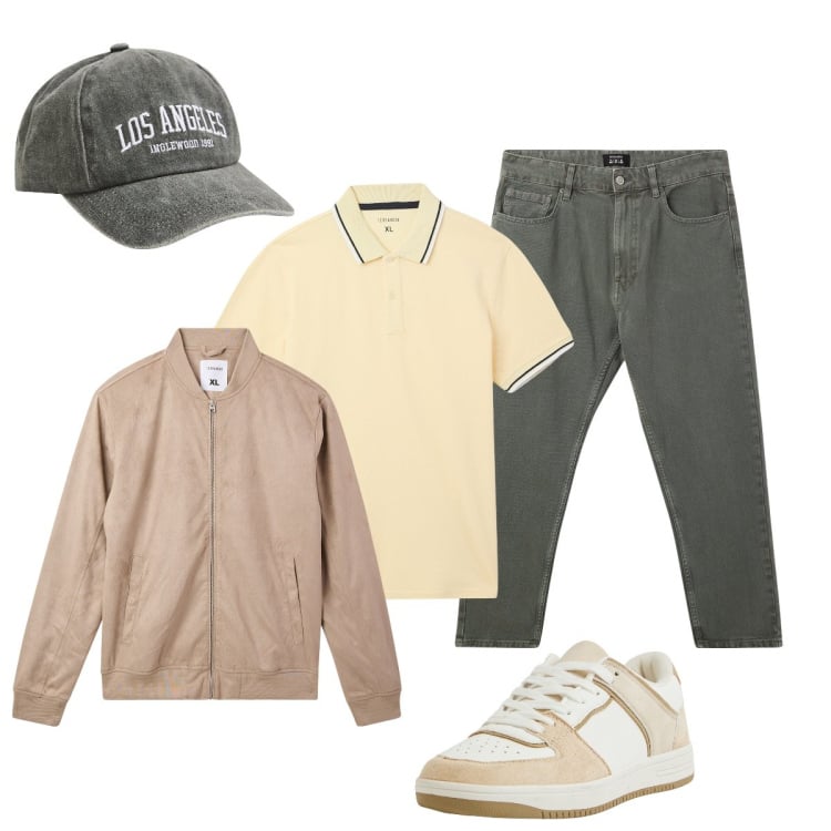 Outfit uomo - Aprile con Terranova. Stile Casual per Tutti i giorni. Abbinamento con pantaloni, bomber, polo, sneakers, cappelli.