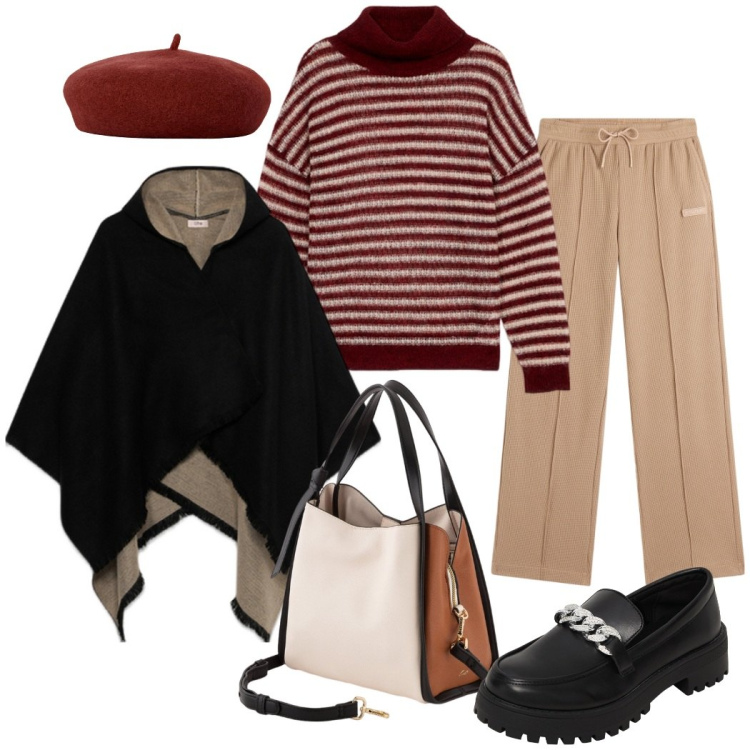Outfit donna - Total look #2102244. Stile Casual chic per Ufficio. Abbinamento con mocassini, pantaloni, cappelli e berretti, borse a mano, cappotti, maglieria.
