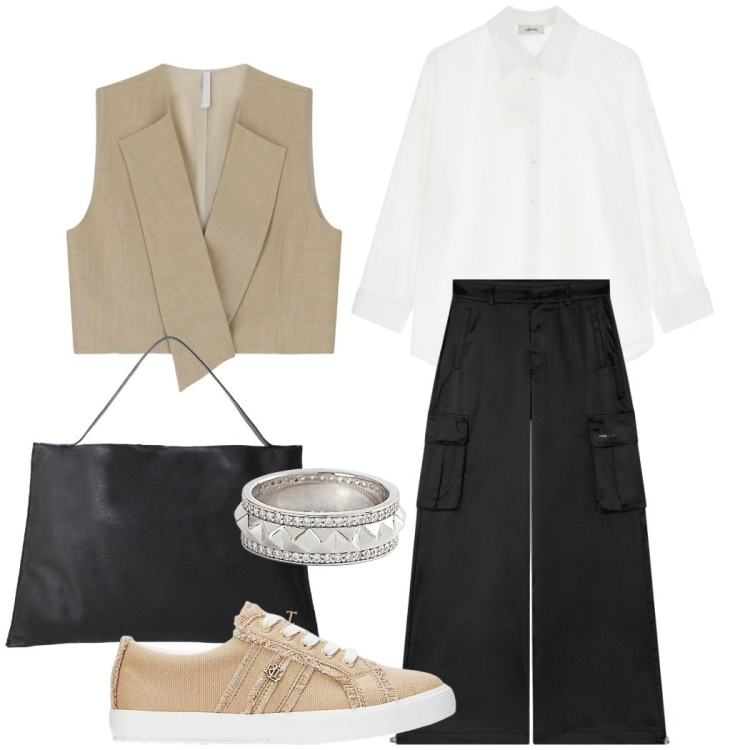 Outfit donna - Chic e grintoso. Stile Mannish per Ufficio. Abbinamento con anelli, borse a spalla, gilet, pantaloni cargo, camicie, sneakers.